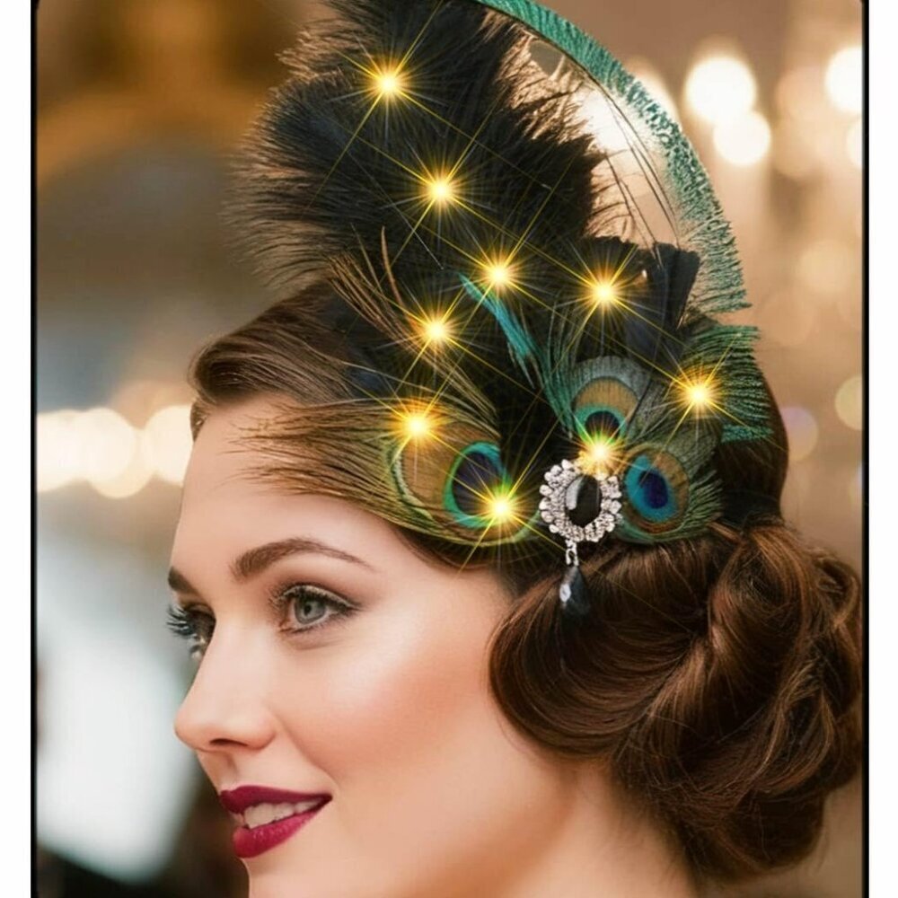 1920s Flapper Headband Feather Hair Accessory Light Up Roaring 20s Party